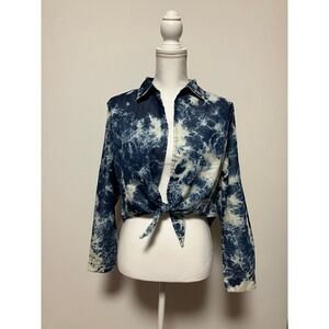NWT Taxi Womens Tie Dye Front Tie Shirt XL Blue White Acid Wash Cotton 22520R